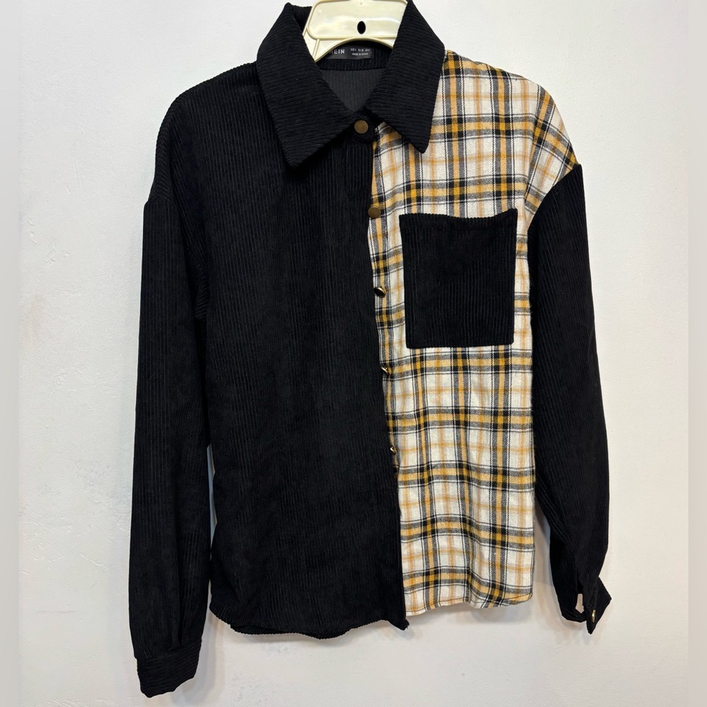 SHEIN Black, White, &Yellow Plaid Colorblock Lightweight Jacket Woman Size Small